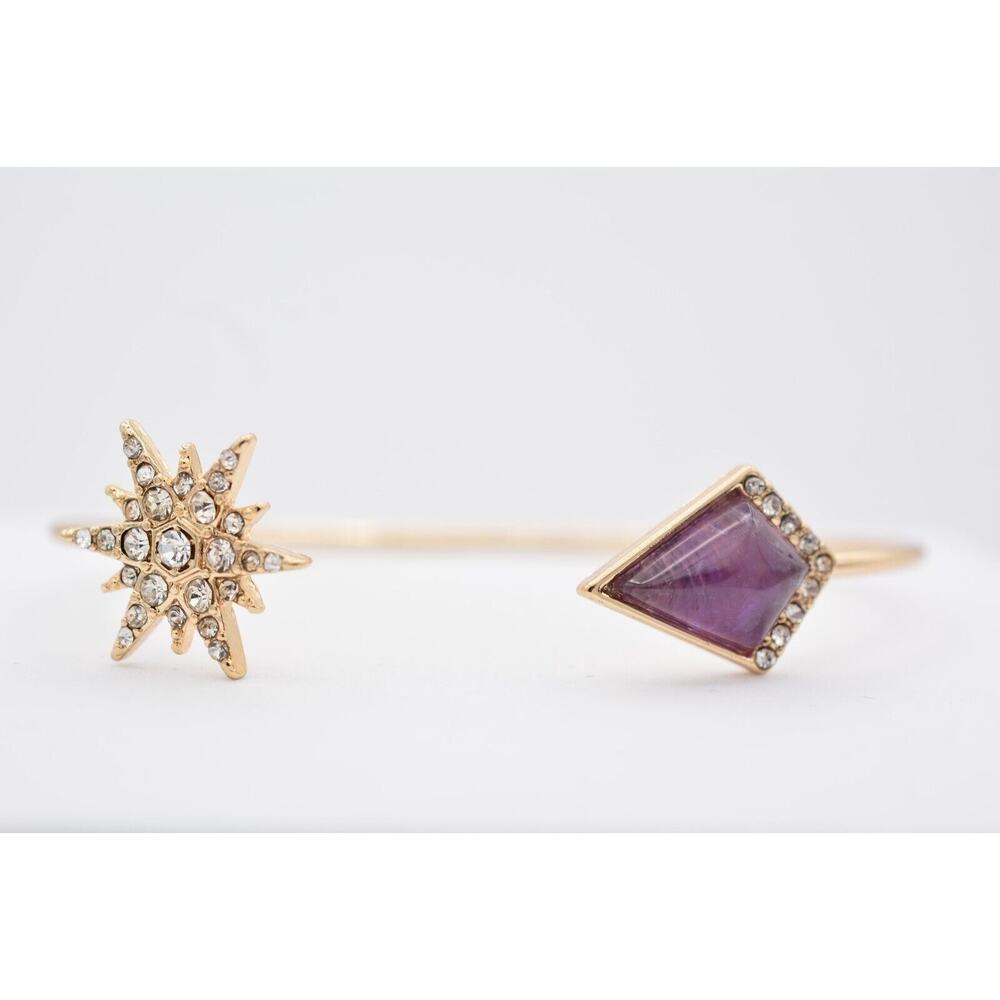 Y2K Floating Charm Bangle Bracelet Purple Cabochon Rhinestone Crystal Star BinAW